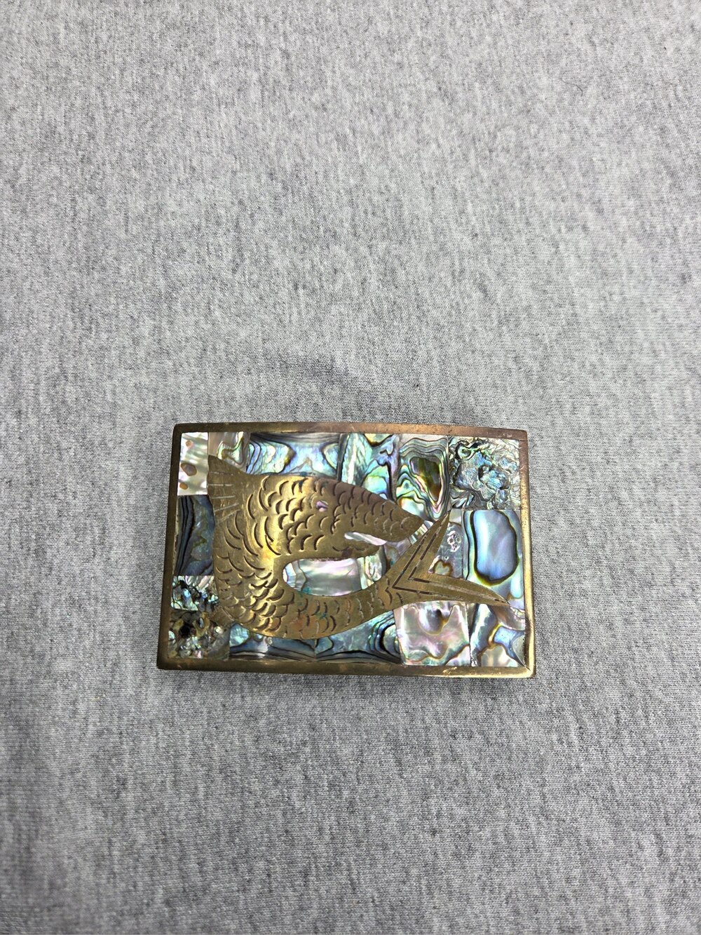 Vintage Koi Fish Belt Buckle Abalone Shell Alpaca Silver Brass Handmade Mexico
